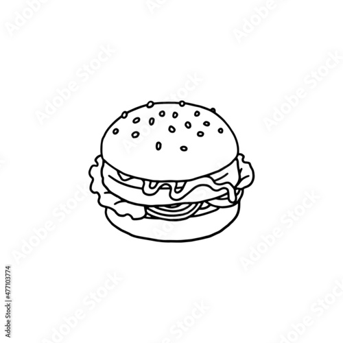 Hand drawn burger with meat patty in outline doodle style, vector illustration isolated on white background.