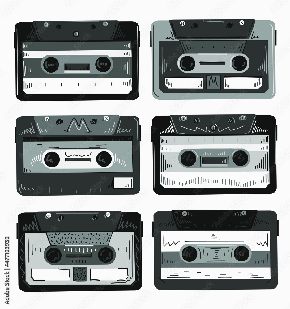 black and white detailed set of audio cassette tape black and white detailed set of audio cassette tape