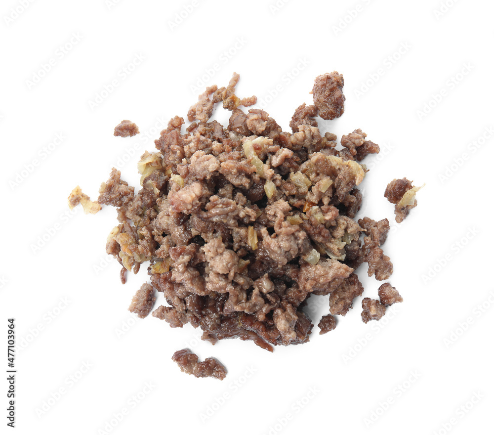 Pile of fried minced meat on white background, top view Pile of fried minced meat on white background, top view