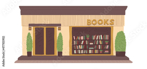 Bookstore building exterior with bookshelf in the window, flat vector illustration isolated on white background.