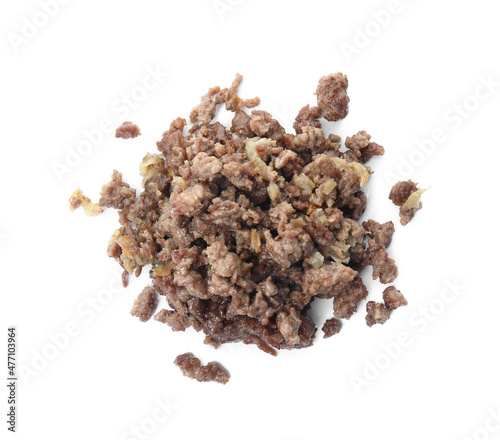 Fotografie Pile of fried minced meat on white background, top view