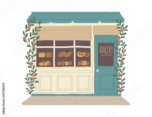 Bakery facade in old city or town, flat vector illustration isolated on white background.