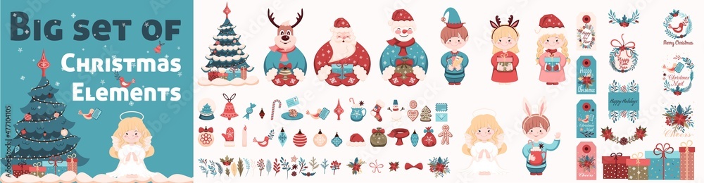 Fototapeta premium Large set of Christmas Elements. Christmas Characters, festive elements, Sets for creating postcards, flyers, seamless textures, greetings, invitations and other Christmas products