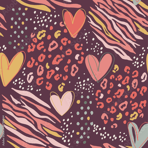 Valentine's Day seamless pattern with animal prints. Leopard or jaguar and zebra texture, hearts and dots.