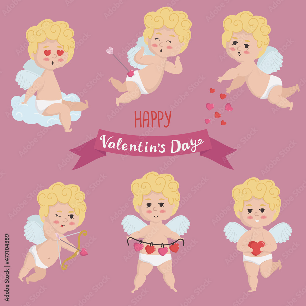 Vector illustration set of golden-haired cupid in different poses and congratulations. Valentine's day and wedding concept cupid archery, sitting on a cloud, giving love Vector illustration set of golden-haired cupid in different poses and congratulations. Valentine's day and wedding concept cupid archery, sitting on a cloud, giving love