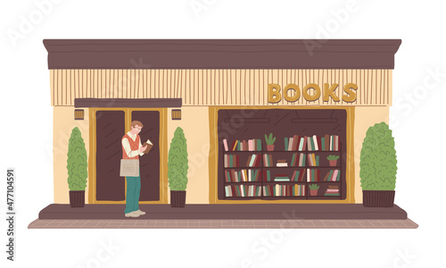 Man reads new book in front of bookstore, flat vector illustration isolated on white background.