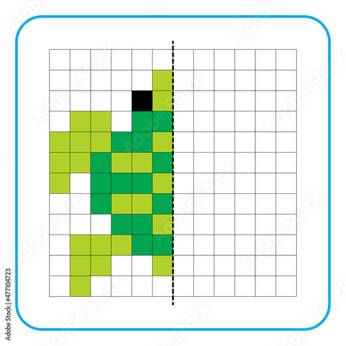 Picture reflection educational game for kids. Learn to complete symmetry worksheets for preschool activities. Coloring grid pages, visual perception and pixel art. Complete the green turtle image.
