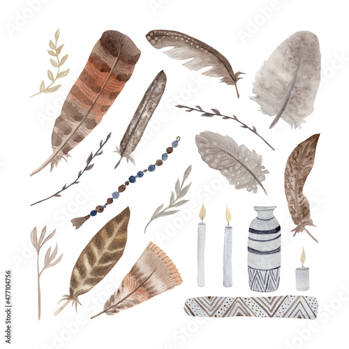 Set of boho-style feathers with twigs and candles for wedding invitations, greeting cards, poster, packaging design, feather decorations. Stylish, modern set on a white background © Dmitrii