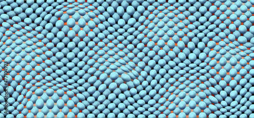 Abstract background. Artificial Intelligence. Wavy structure of spheres. The red bodies attack the blue ones. Virus protection concept.