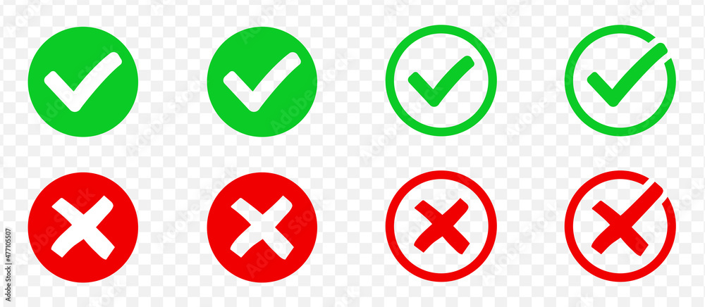 Check mark and red cross icon set. Click symbol collection. Circle and square. Tick symbol in green color. Quality sign icon. Checklist symbols. Check mark and red cross icon set. Click symbol collection. Circle and square. Tick symbol in green color. Quality sign icon. Checklist symbols.