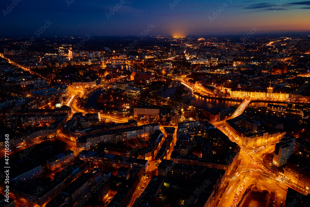 Wroclaw city at night, aerial view
