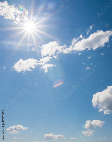 Blue sky and sun. Beautiful sky with sun and clouds in sunshine