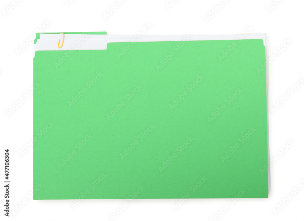 Light green file with documents isolated on white, top view Light green file with documents isolated on white, top view