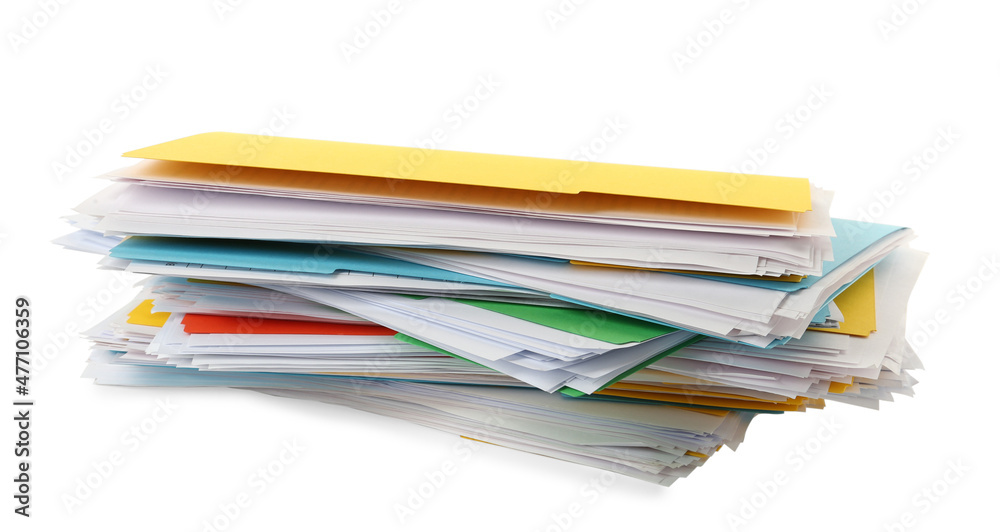 Stack of different files with documents on white background