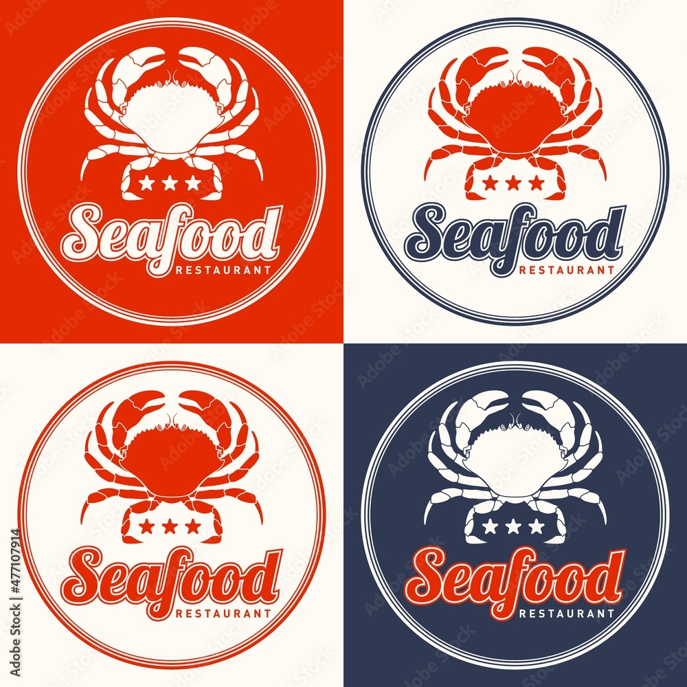 Fototapeta premium Seafood restaurant logo vector illustration. Market emblem, crab silhouette