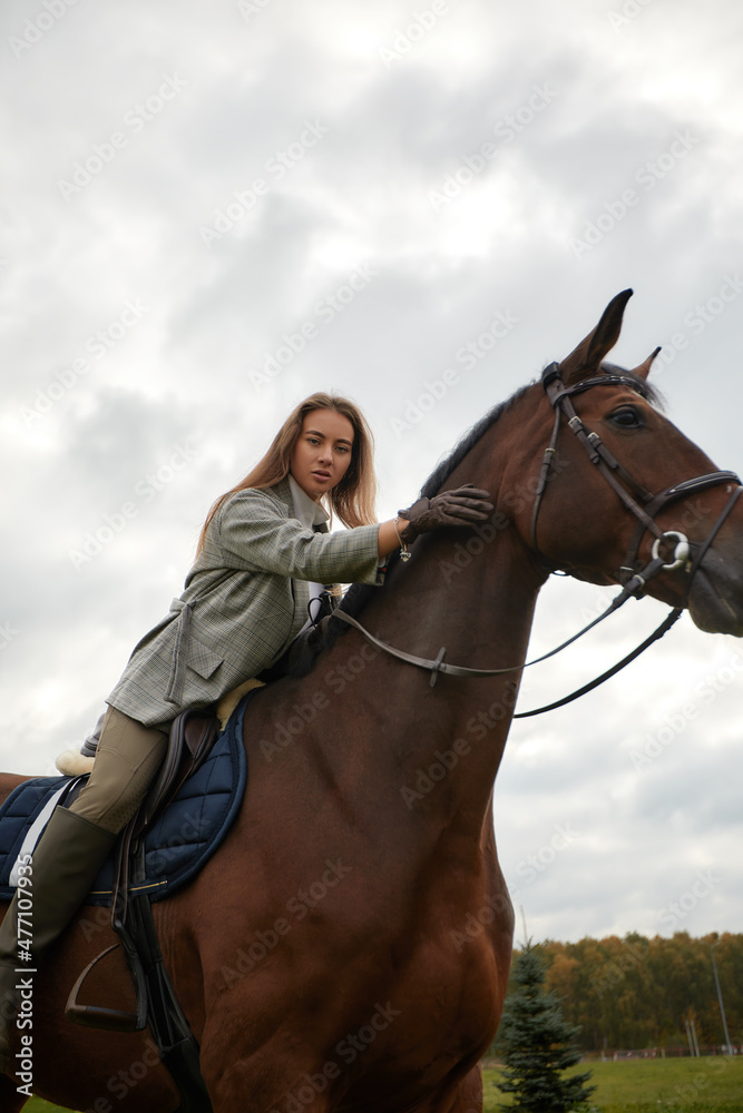 Obraz premium Beautiful young woman riding a horse on the field. Sideways to the camera. Freedom, joy, movement