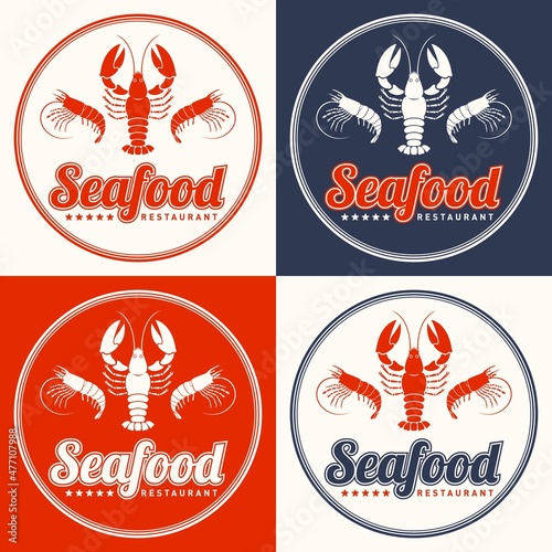 Seafood restaurant logo vector illustration set. Market emblem, crayfish and shrimps silhouette. Ribbon Lettering