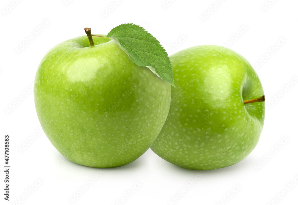 two green apple fruit with leaves isolated on white background.. two green apple fruit with leaves isolated on white background..