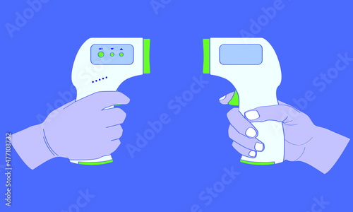 hand holding the medical infrared forehead thermometer 2 side view for detected coronavirus disease covid-19. vector illustration eps10