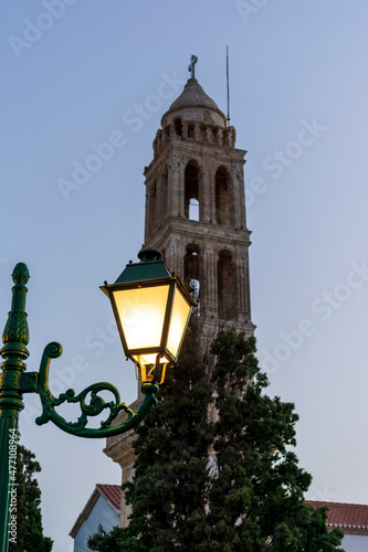 Outdoor lamp in Panagia Myrtidiotissa monastery of Kythira. The temple is dedicated to the Virgin Myrtidiotissa considered the patroness of Kythira.