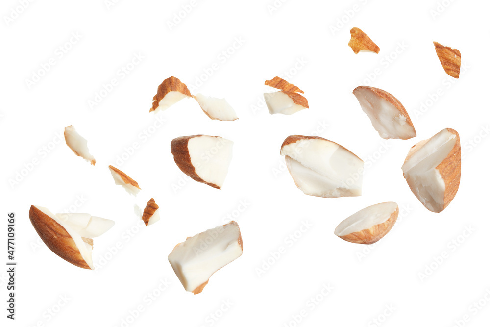 Pieces of tasty almonds on white background Pieces of tasty almonds on white background