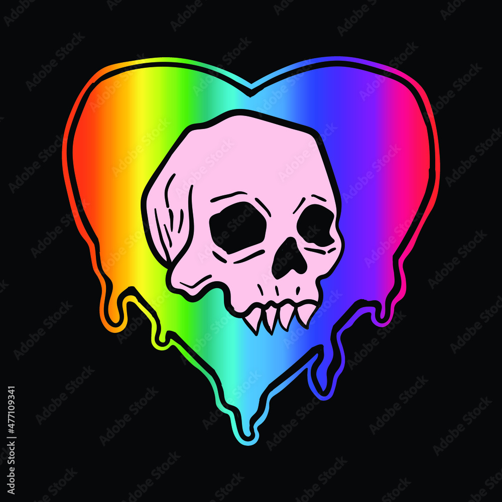 colorful heart skull, hand drawn free vector illustration