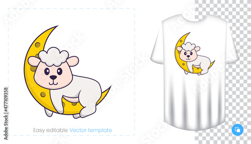 Cute sheep character. Prints on T-shirts, sweatshirts, cases for mobile phones, souvenirs. Isolated vector illustration on white background.