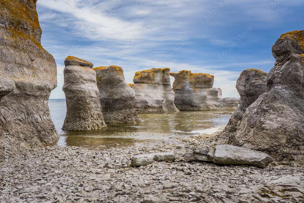 Fototapeta premium View on the famous monoliths of Quarry Island, in Mingan Archipelago National Park, in Cote Nord region of Quebec, Canada