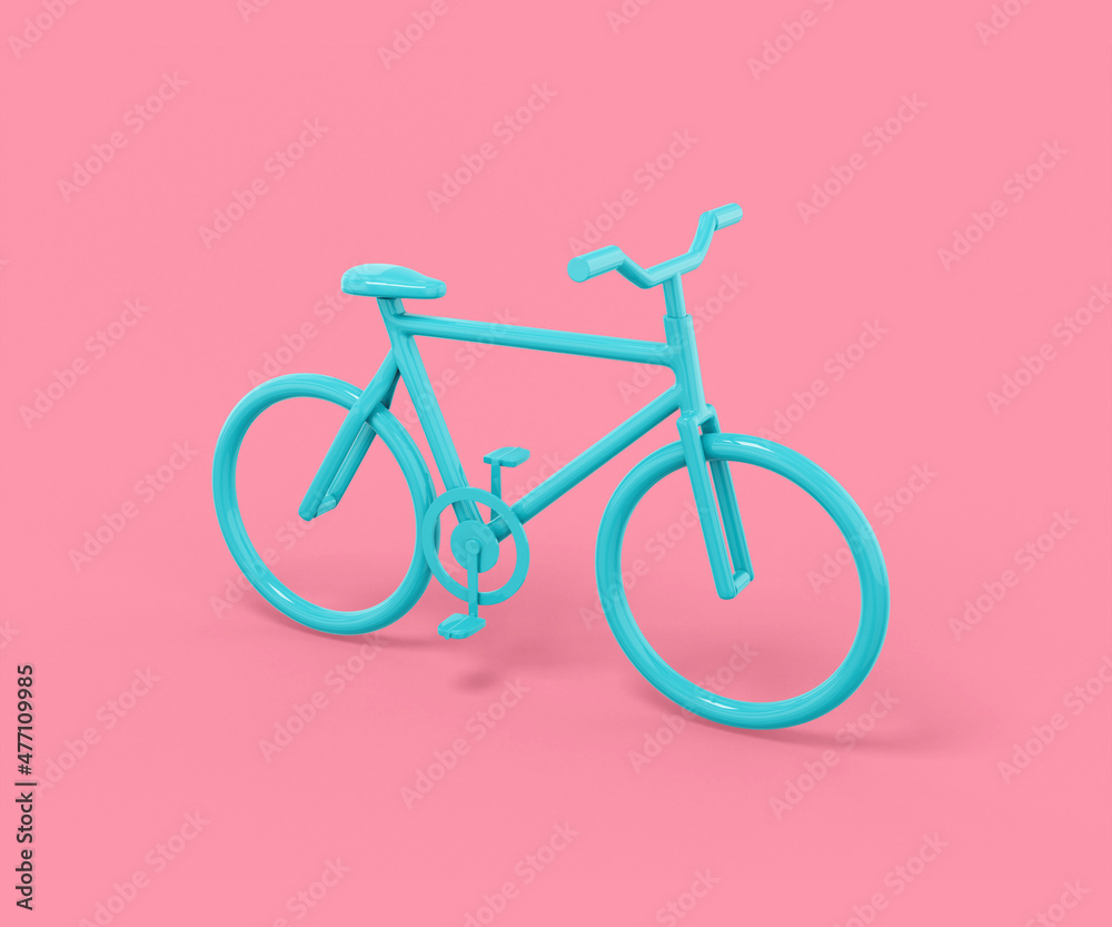 Blue bike on a pink background. Minimalistic design object. 3d rendering icon ui ux interface element.
