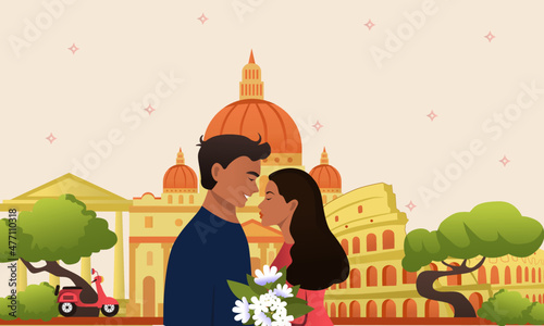a couple in love in Rome Italy, vector illustration