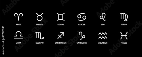 Line zodiac signs: aquarius, libra, leo, taurus, cancer, pisces, virgo, capricorn, sagittarius, aries, gemini, scorpio. Astrological calendar. Zodiacal vector horoscope photo