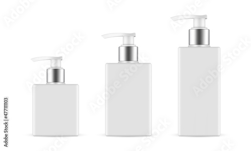 Set of Plastic Pump Bottles with Metallic Cap, Isolated on White Background. Vector Illustration