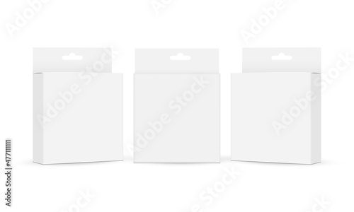 Set of Square Packaging Boxes With Hang Tab, Side and Front View, Isolated on White Background. Vector Illustration