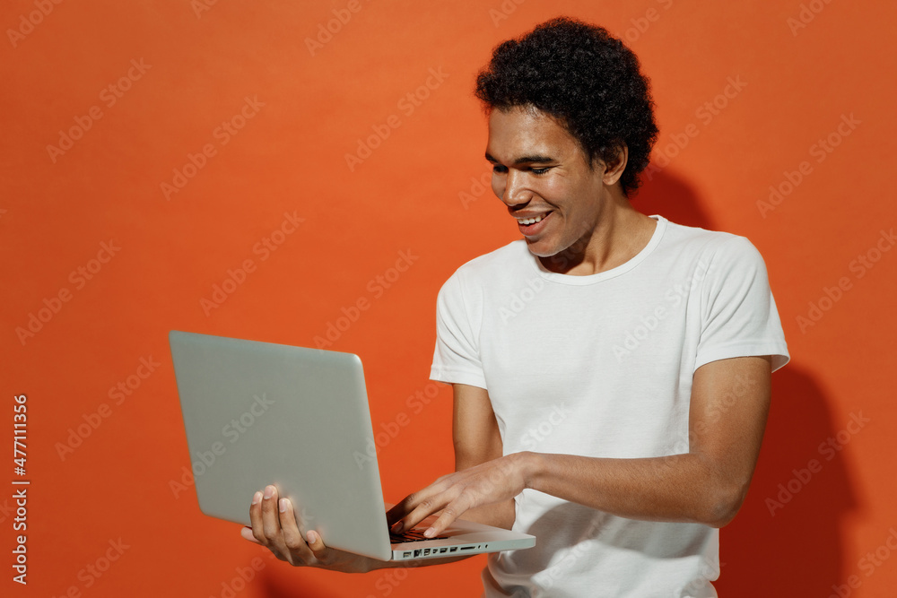 Smiling Vivid Young Black Curly Man s Years Old Wears White T Shirt Hold Use Work