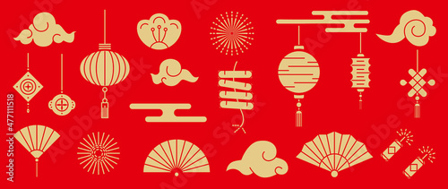 Chinese New Year Icons vector set. Chinese paper lantern and red lamp isolated icons of Asian Lunar New Year holiday decoration vector. Oriental culture tradition illustration.

