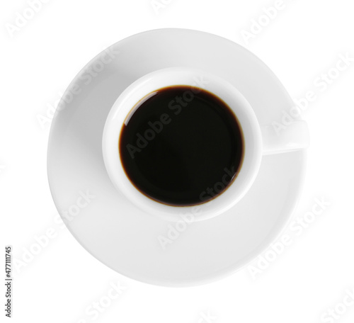 Cup of tasty coffee isolated on white, top view