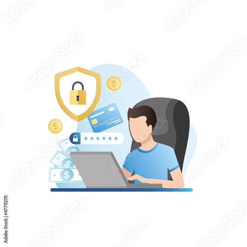 Protecting data in laptop. Man protects personal, banking data of credit, debit card, electronic wallet with cash, coins on Internet. Access to computer with login, password, shield, padlock.