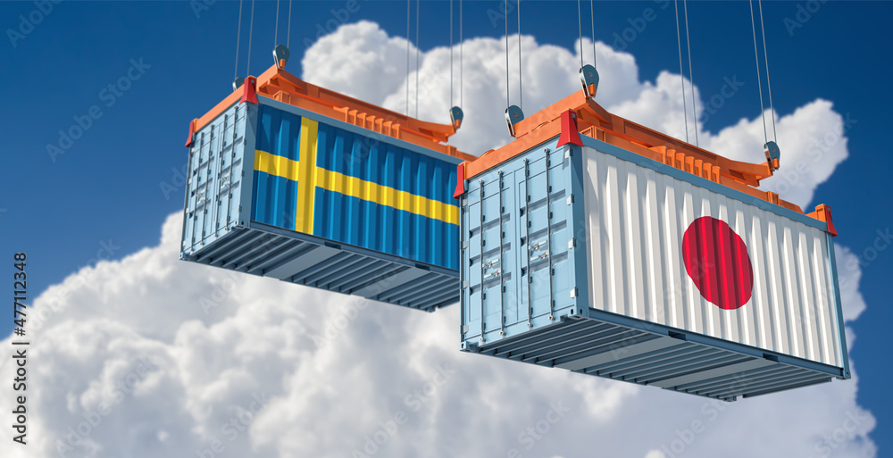 Freight containers with Japan and Sweden national flags. 3D Rendering 