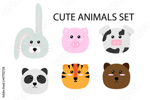 A set of cute animals. Rabbit, cow, pig, panda, tiger, bear. Good for any project.