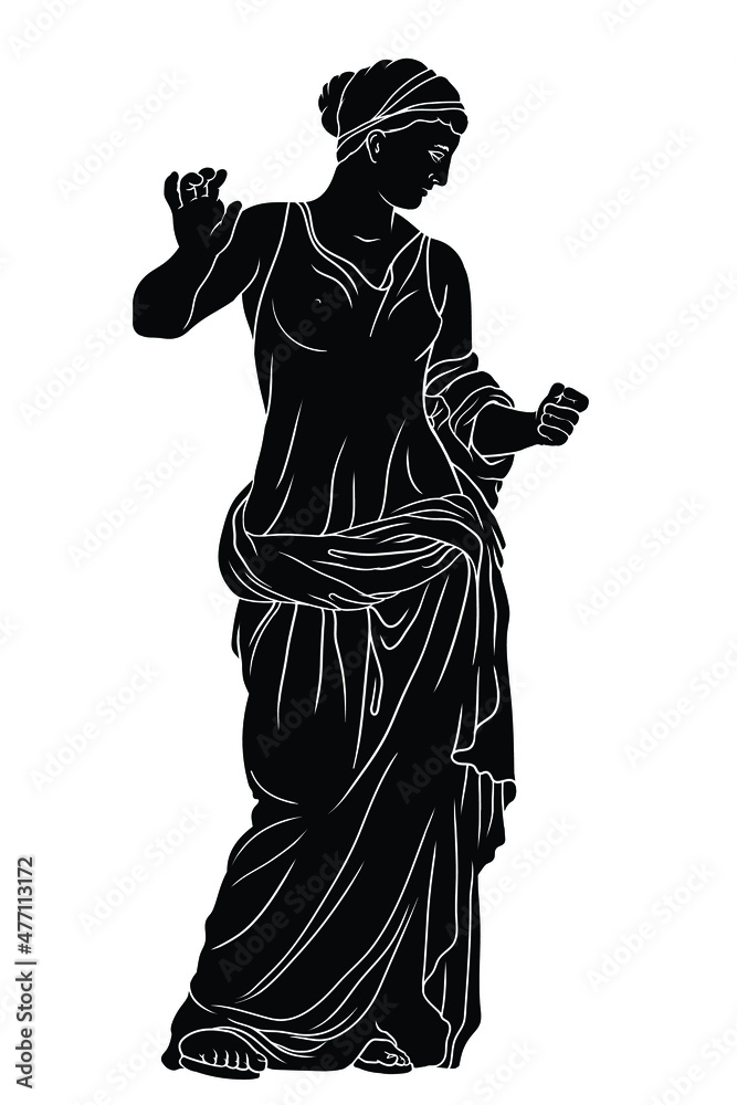 Fototapeta premium A young beautiful slender ancient Greek girl is standing and trying on a dress. Vector illustration isolated on white background.