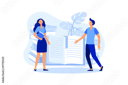teaching young people to get knowledge from books, people running up the stairs to the book to knowledge, students composition vector flat modern design illustration