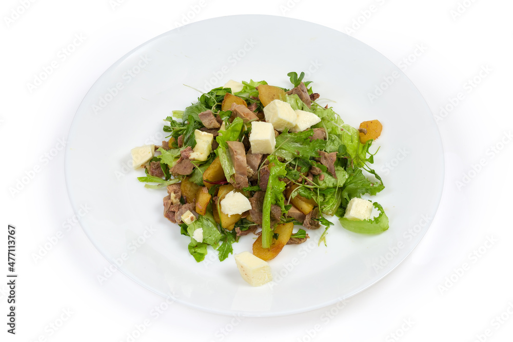 Salad with boiled duck meat, soft cheese, pear and greens Salad with boiled duck meat, soft cheese, pear and greens