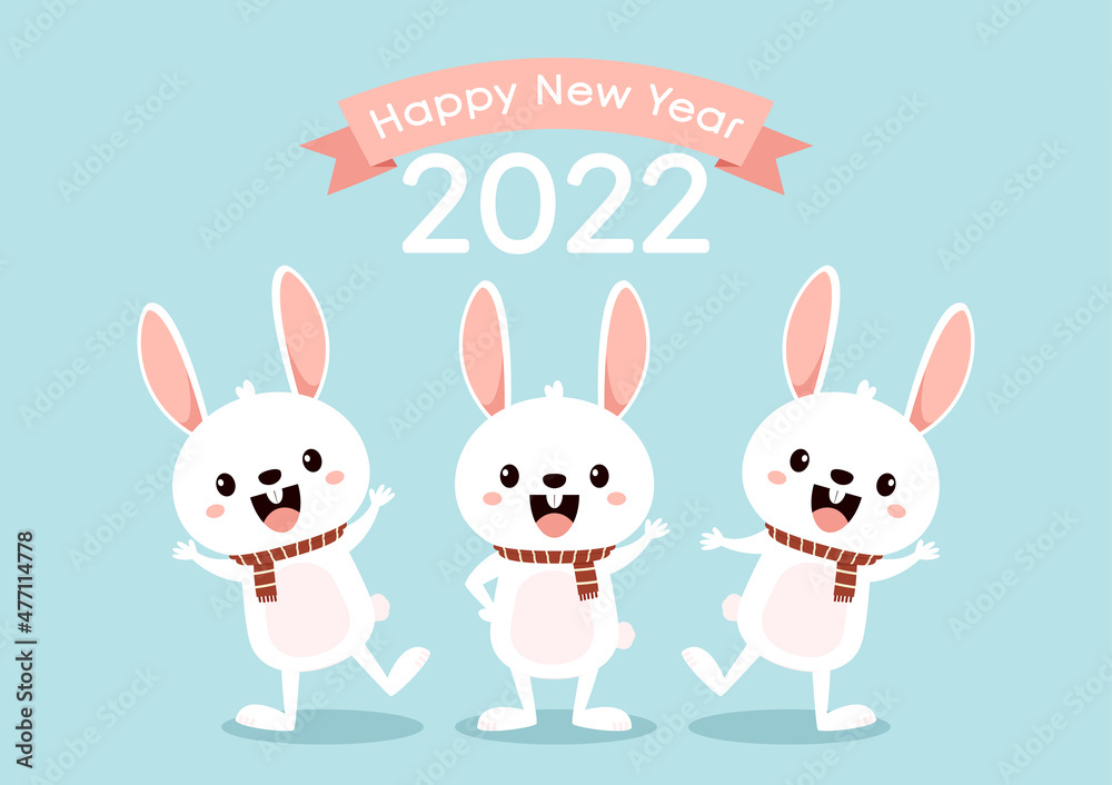 Cute white bunny. Rabbit cartoon vector collection. Happy new year 2022 poster. Animal wildlife character. Cute white bunny. Rabbit cartoon vector collection. Happy new year 2022 poster. Animal wildlife character.