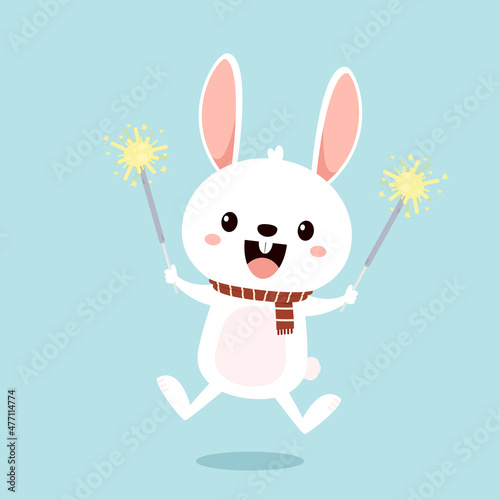 Cute white bunny. Rabbit cartoon vector collection. Happy new year 2022 poster. Animal wildlife character.