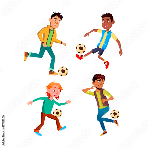 teen boy playing football set. soccer player. kid boy. kick ball. sport team. children on field. active kicker. vector flat cartoon illustration