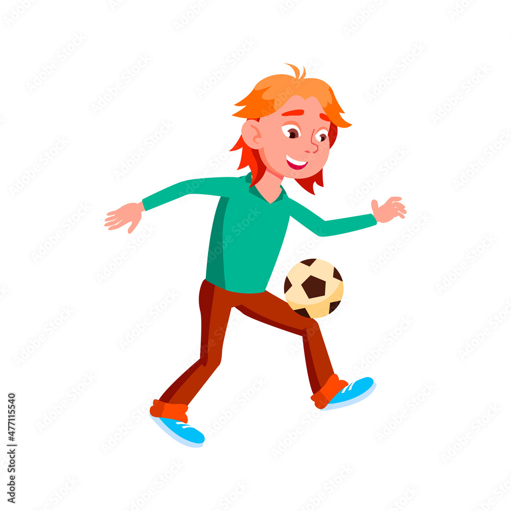 soccer teen boy playing football, children on field. vector flat cartoon illustration