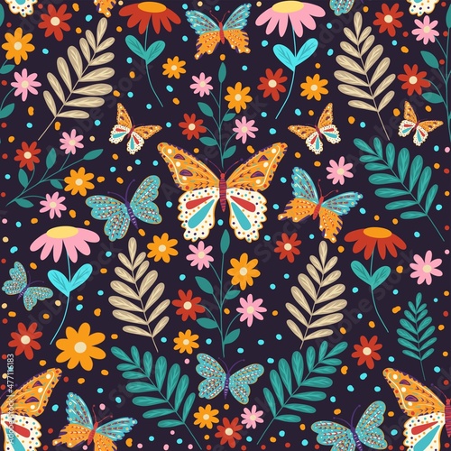 Pattern of bright beautiful butterflies flowers and plants on a dark background