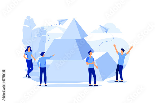 people connect the elements of the pyramid, symbol of teamwork, cooperation, partnership, advancement, pyramid puzzle vector flat modern design illustration