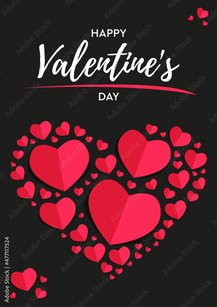 Postcard with hearts on a black background for Valentine's Day. Caption: Happy Valentine's Day