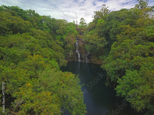 Aerial view of Rivière du Poste waterfall hidden in the south of Mauritius island